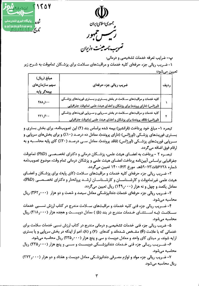 تعرفه خدمات تشخیصی و درمانی سال ۱۴۰۱ ابلاغ شد