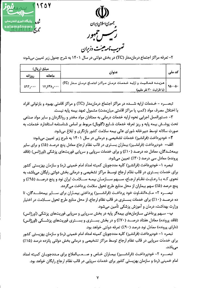 تعرفه خدمات تشخیصی و درمانی سال ۱۴۰۱ ابلاغ شد