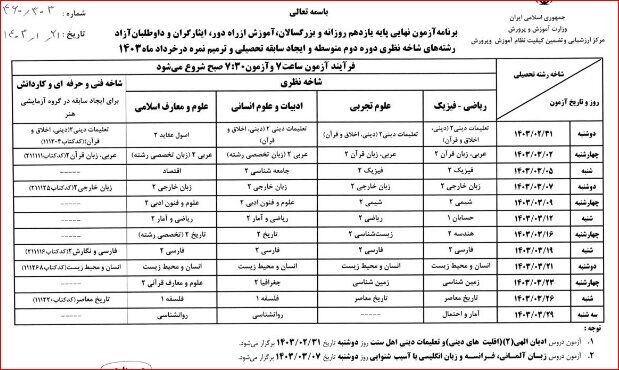 برنامه امتحانات نهایی خردادماه ۱۴۰۳ اعلام شد/ ارائه نمونه سوالات به دانشآموزان از هفته آتی