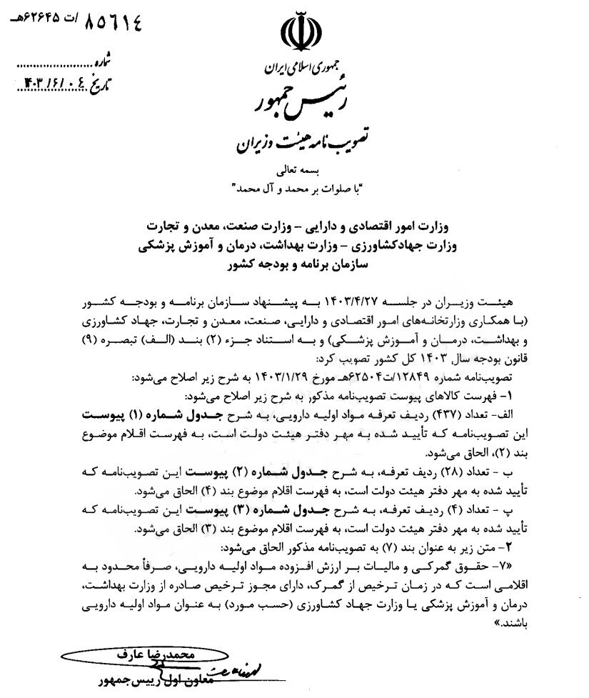 لیست داروهای وارداتی مشمول حقوق گمرکی و مالیات ارزش افزوده یکدرصدی ابلاغ شد