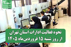نحوه فعالیت ادارات استان تهران از روز شنبه ۱۵ فروردین‌ماه ۱۴۰۵
